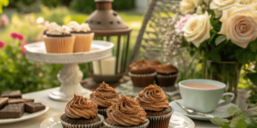 Des cupcakes sont posés sur une table dans un jardin