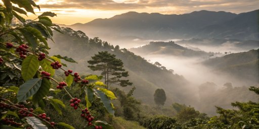 Brume matinale das les Blue Mountains en Jamaique avec un plant de café.