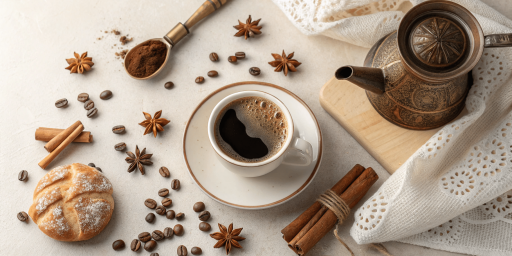 Composition en vue de dessus montrant une tasse de café, entourée de grains de café, bâtons de cannelle, étoiles d'anis, une théière orientale en métal et une viennoiserie saupoudrée de sucre glace.