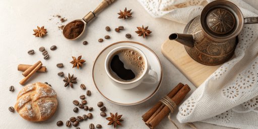 Composition en vue de dessus montrant une tasse de café, entourée de grains de café, bâtons de cannelle, étoiles d'anis, une théière orientale en métal et une viennoiserie saupoudrée de sucre glace.